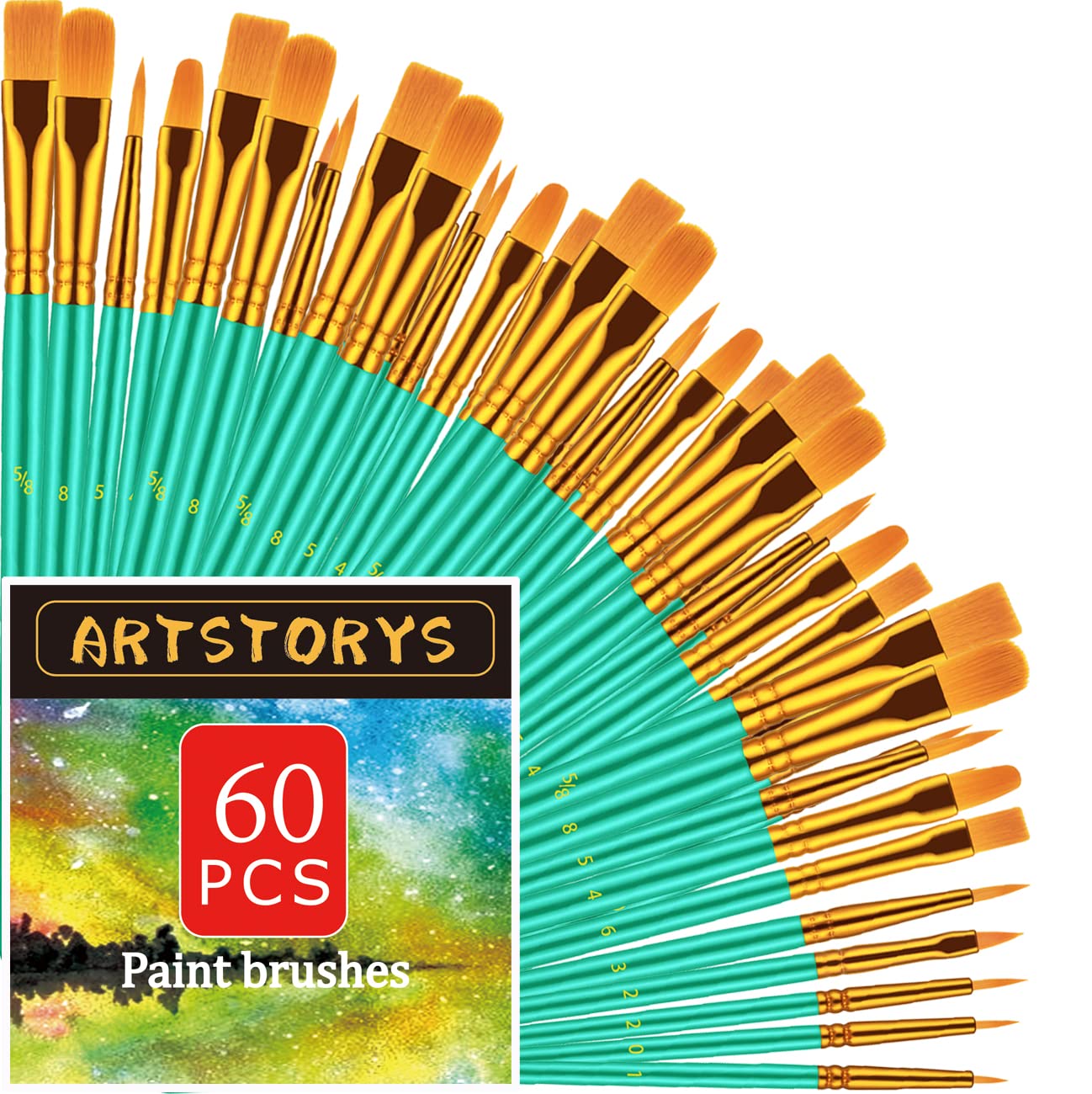 Paint Brushes Set, 60 Pcs Paint Brushes for Acrylic Painting, Oil Watercolor Acrylic Paint Brush, Artist Paintbrushes for Body Face Rock Canvas, Adult