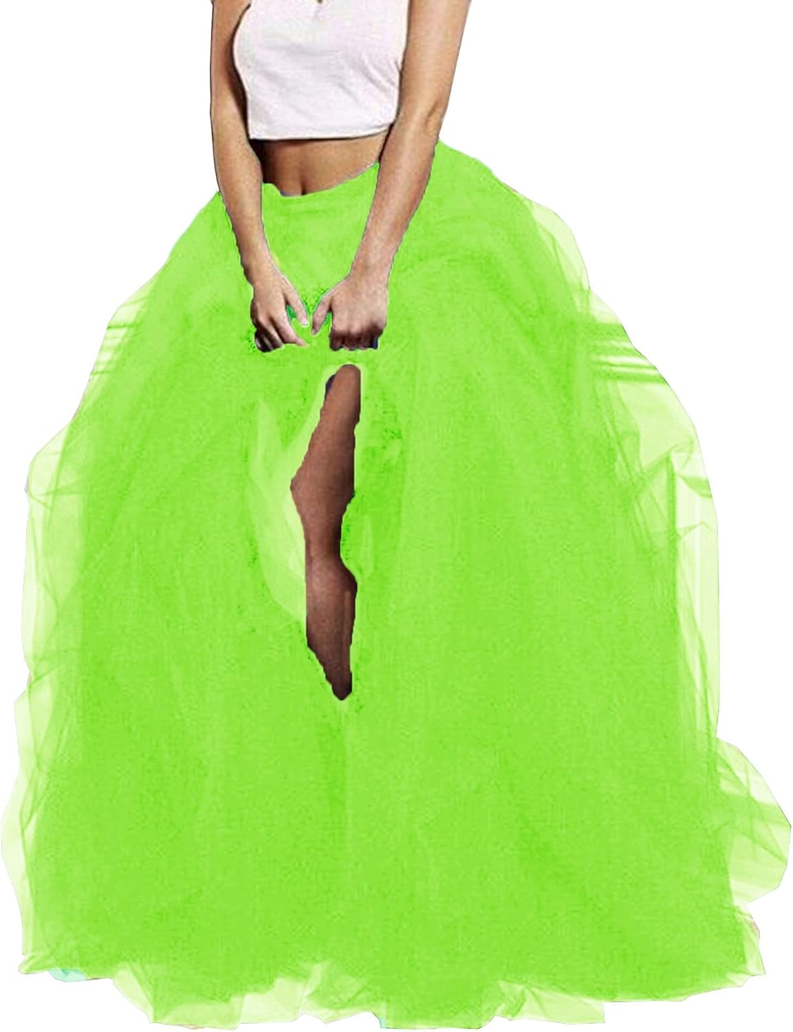 Long Maxi Skirt Floor Length Tulle High Waist High Low Tiered Layered Skirt Night Out for Women Wedding Bridal Party Fluorescent Green