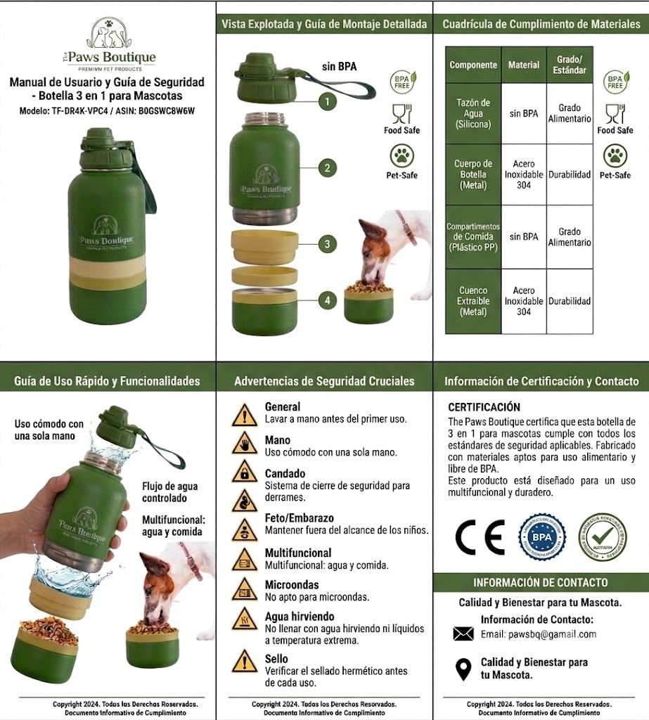 Borraccia per cani 3 in 1: abbeveratoio portatile in acciaio inox 950 ml, scomparto per cibo e ciotola extra rimovibile, a prova di perdite, senza BPA, ideale per viaggi e passeggiate