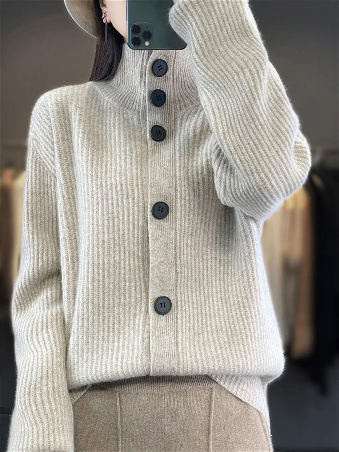 Disimlarl Cárdigan clásico de mezcla de lana para mujer, cuello alto, a rayas, con botones, parte delantera abierta