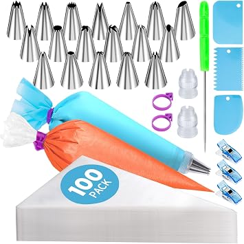 130 Pcs Piping Bags and Tips Set, Cakes Decorating Kit Supplies with 100 Pcs 12 Inch Piping Bags, 1 Reusable Pastry Bags, 18 Tips, 2 Couplers, 2 Bags Ties, 3 Clips, 1 Scriber Needle, 3 Cake Scraper