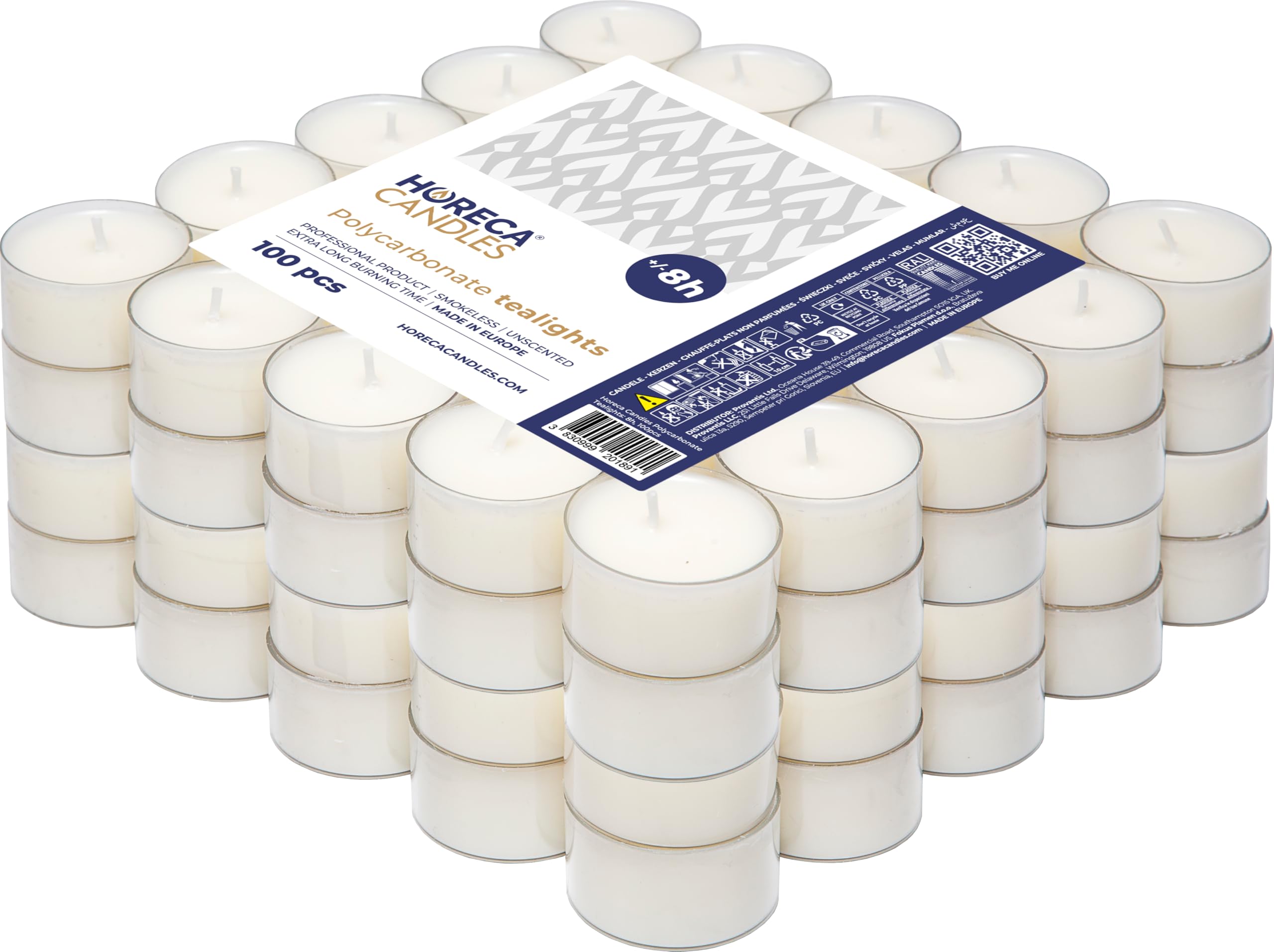 Horeca Candles - Theelichter Transparente Hülle - 8 Stunden Brenndauer - Weiß - 100 Stück Klar Teekerzen - Ohne Duft - Kerzen in Durchsichtigem Behälter