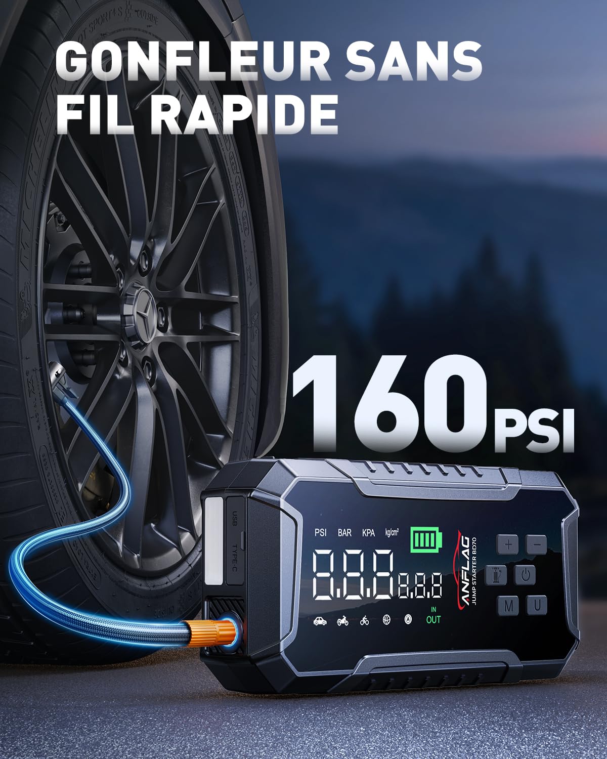 8000A Booster Batterie Voiture avec Gonfleur 160PSI, 26800mAh Démarreur Batterie Voiture avec Compresseur à Air, Jump Starter avec pour 12V Véhicules(Tout Gaz/12L Diesel)