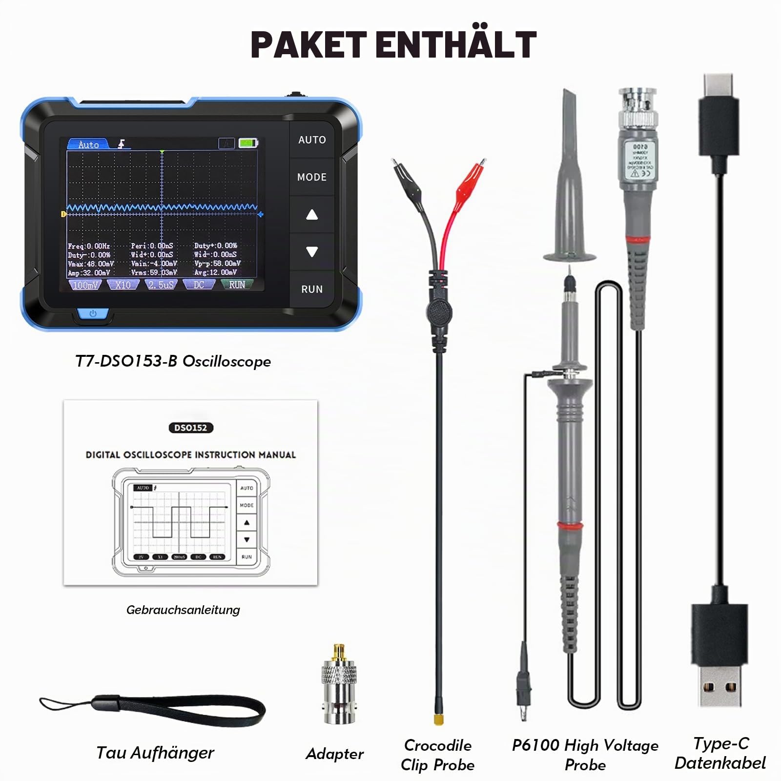 Mini Oszilloskop Digital Handoszilloskop, AIOMEST Handheld Oscilloscope 1MHz Bandbreite 5MS/s Abtastrate, Tragbares Signal Generator mit 14 Wellenformen, German | Für Elektronik, Kfz-Diagnose