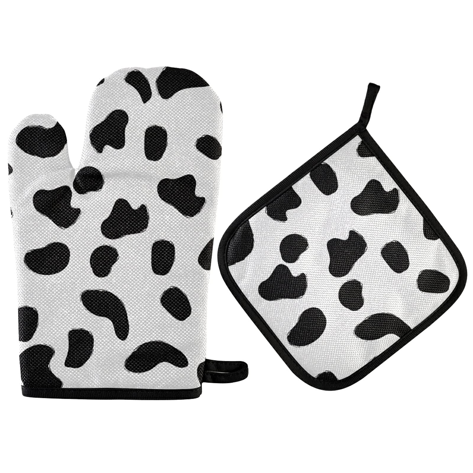 Oven Mitts and Pot Holders Set High Insulated Oven Gloves with Heat Insulation Pad Dalmatian Dog Print Soft Cotton Lining and Non-Slip Surface Kitchen Mitten for Safe BBQ Cooking Baking