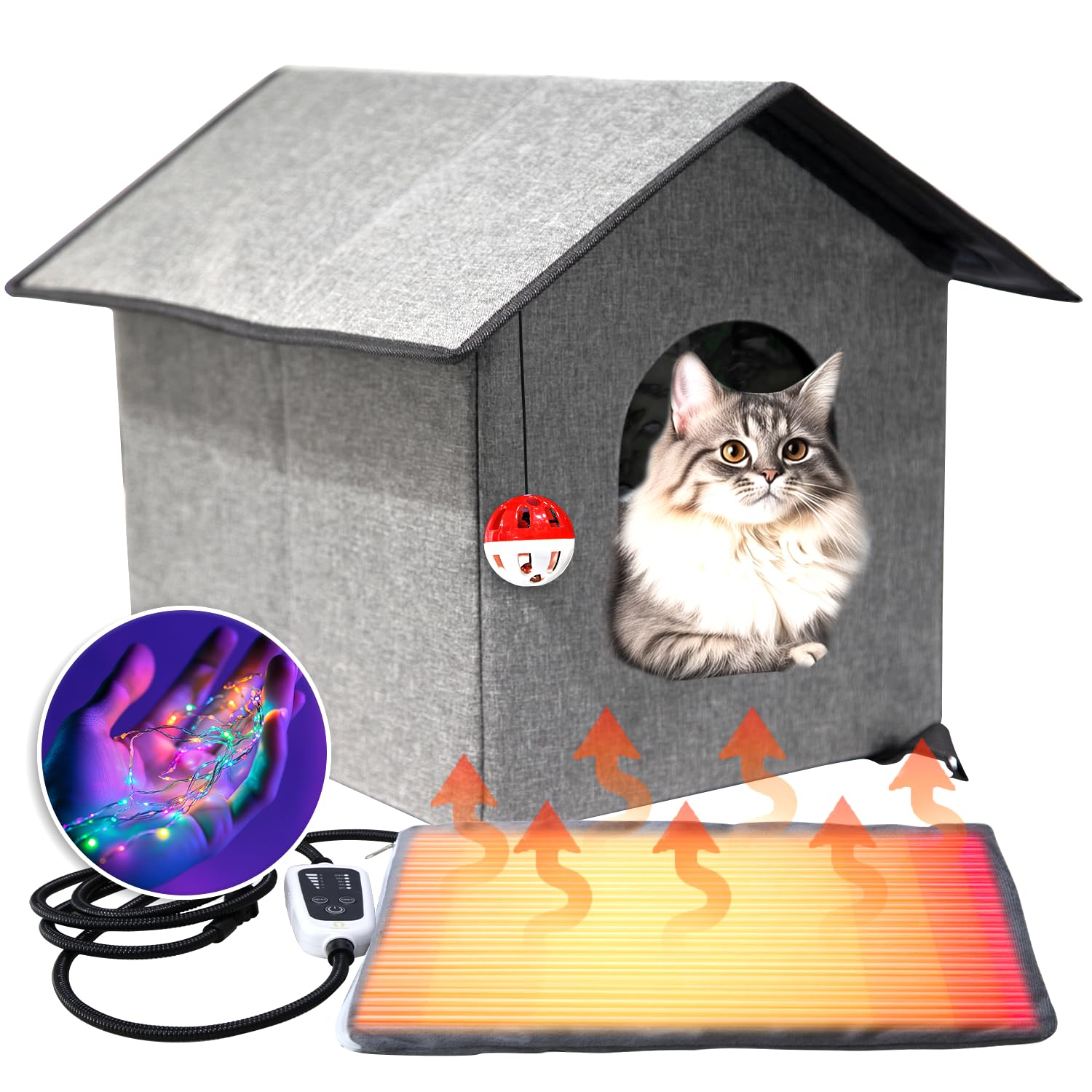 Heated Cat House for Outside - Weatherproof & Insulated Foldable Outdoor Warm Cat Shelter with Thermostatic Pet Heating Pad for Winter Outdoor Stray (