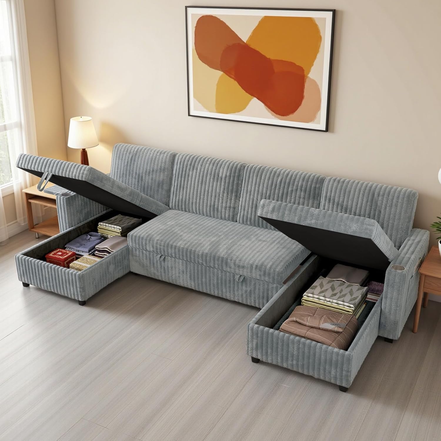 Sleeper Sectional Sofa, 110" Modern U Shaped Couch with Pull Out Bed, Convertible Corduroy Cloud Sofa with Double Storage Chaise, USB, Small Desktop, Comfy Modular Couch for Living Room, Light Gray