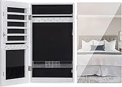 LAVIEVERT Armário de joias com trava e espelho sem moldura, organizador de exibição de joias com compartimentos para batom montado na parede/porta - branco