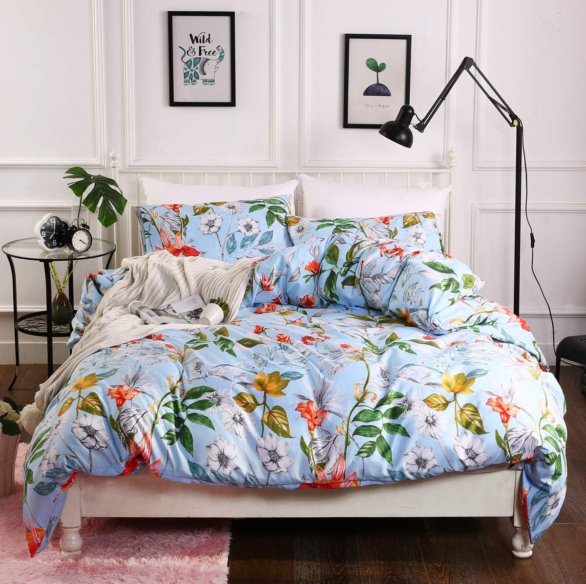 RheaChoice Blue Floral Nature Plant Design 3 Piece Duvet Cover Set Stylish Brushed Microfiber Bedding Set with Zipper and Corner Ties - King Size (104"x90")