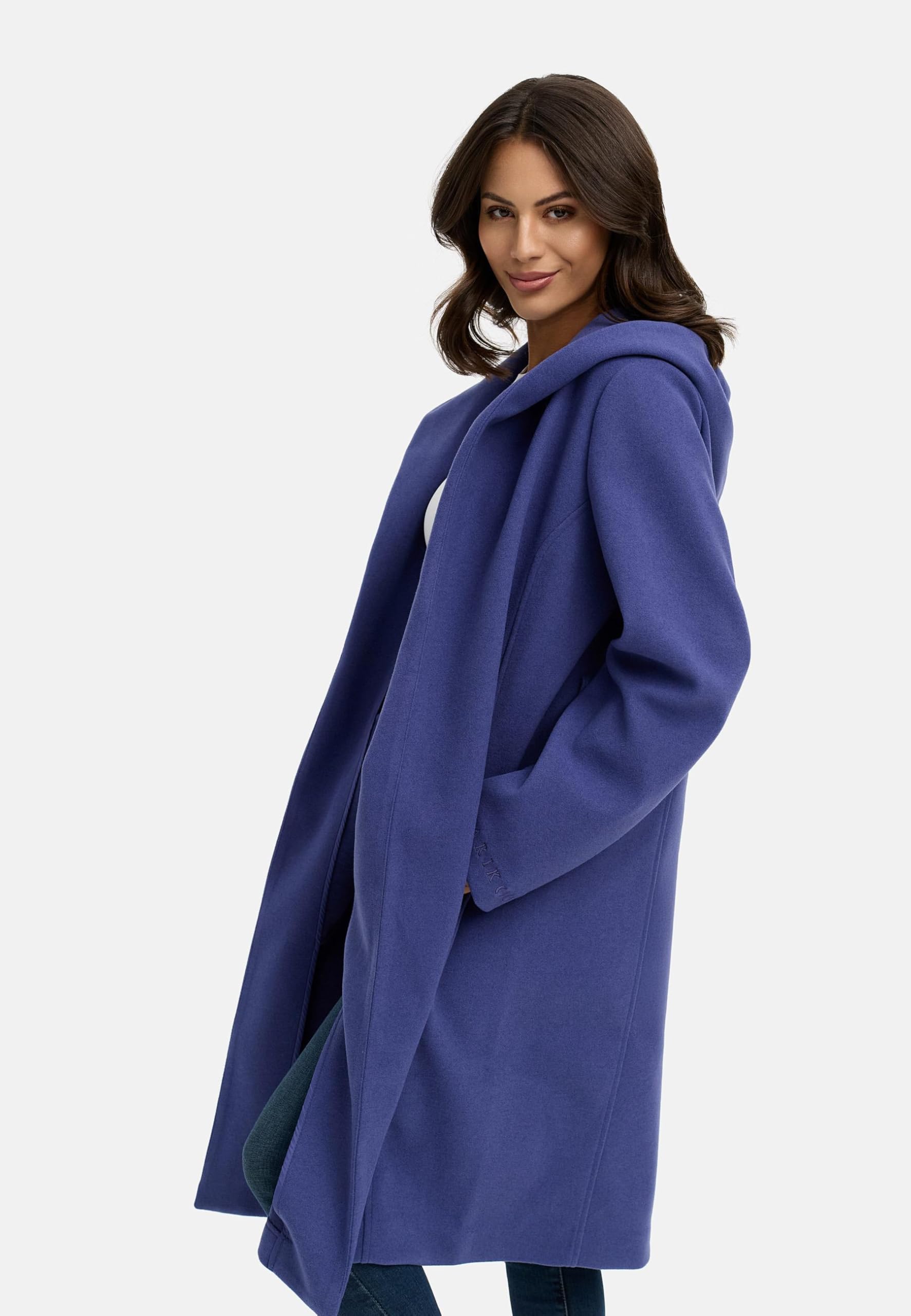 MARIKOO Damen Übergangsmantel lang Wickelmantel leichter Trenchcoat in Wolloptik mit Taillengürtel und Kapuze Kailii 16 XS-3XL