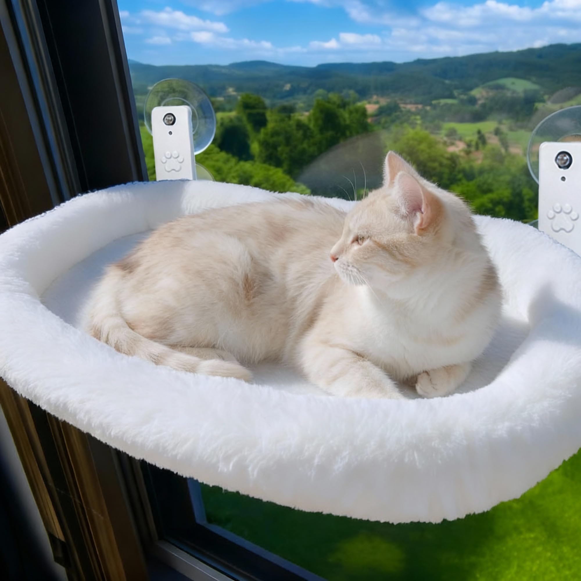 Hamac avec fenêtre pour chat avec coussin et housse pour chat + montage mural | Lit fenêtre pour chats jusqu'à 18 kg Réversible été hiver | Lit chat blanc
