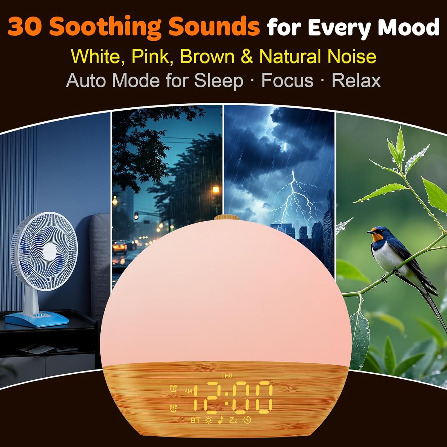 Reloj despertador Sunrise con máquina de sonido, luz de despertador, Bluetooth, doble reloj despertador digital para dormitorios, brillo ajustable, 30 sonidos de sueño (AA)