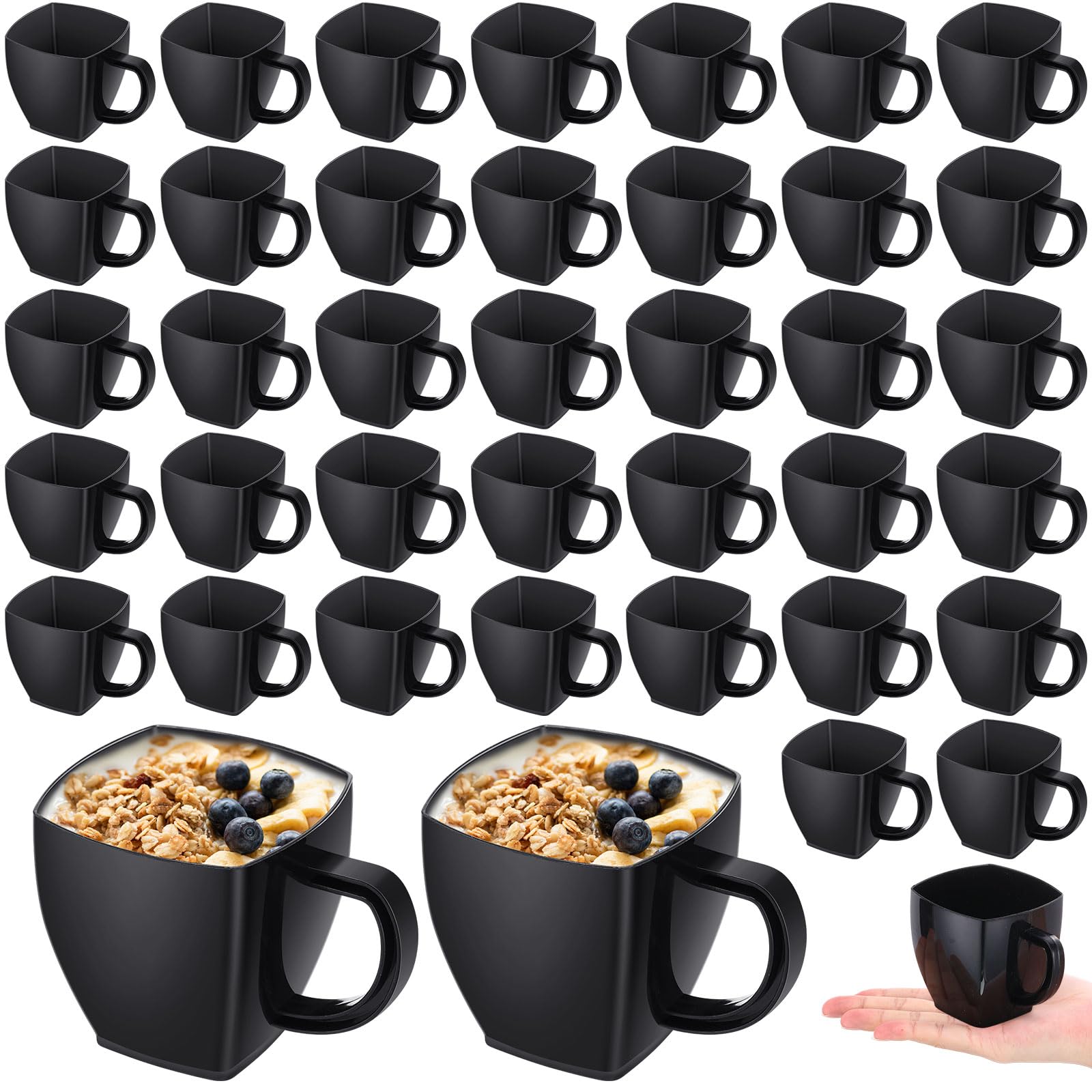 amyhill 100 pcs 5 oz disposable tea cups bulk with handle mini hard plastic coffee mug square disposable espresso cups for tea party wedding catering dessert sampling (black)
