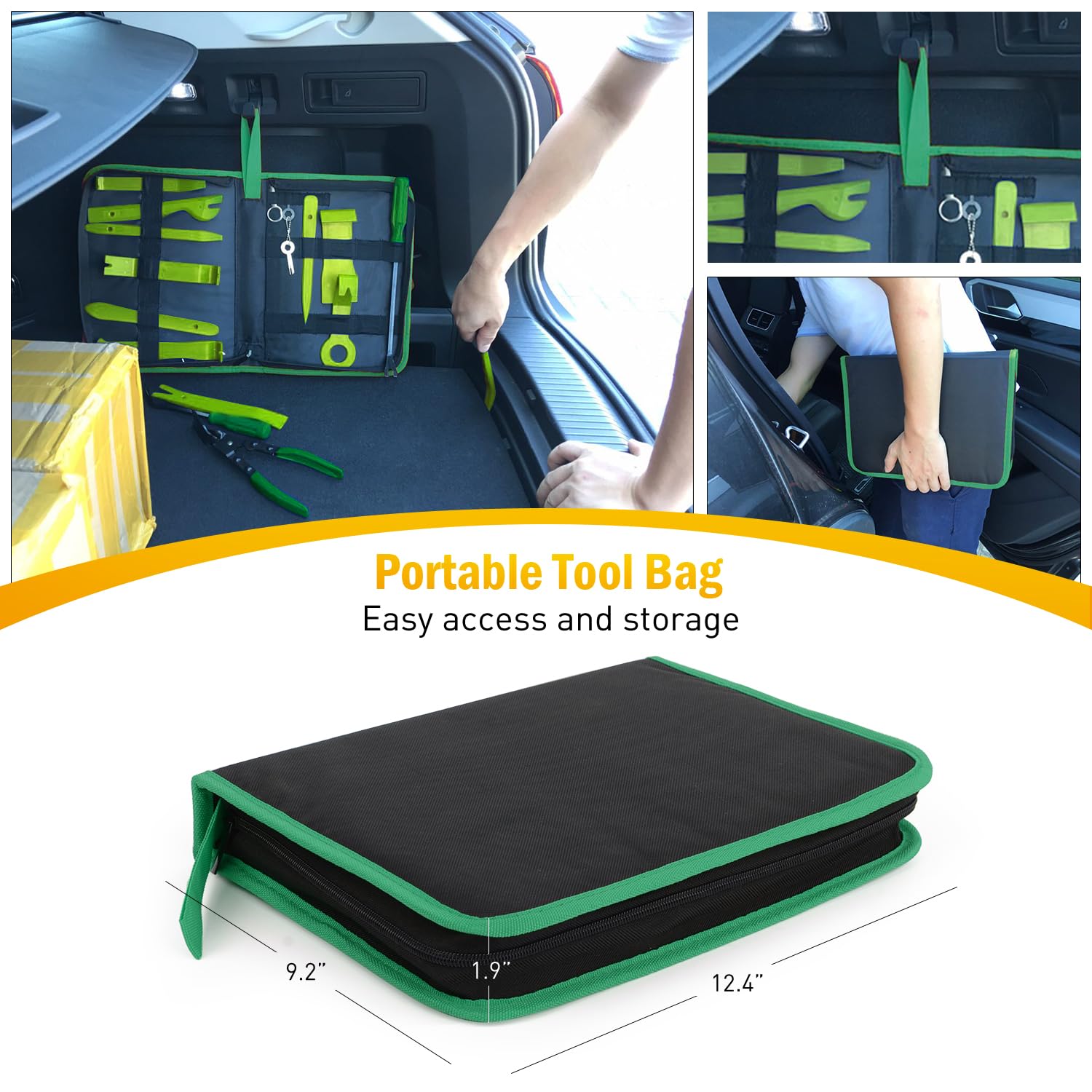 GOOACC - Juego de 19 Herramientas de extracción para molduras, Clips, salpicaderos, tapicería, plásticos o Equipo de Sonido de Coche, con Bolsa de Almacenamiento, Color Verde