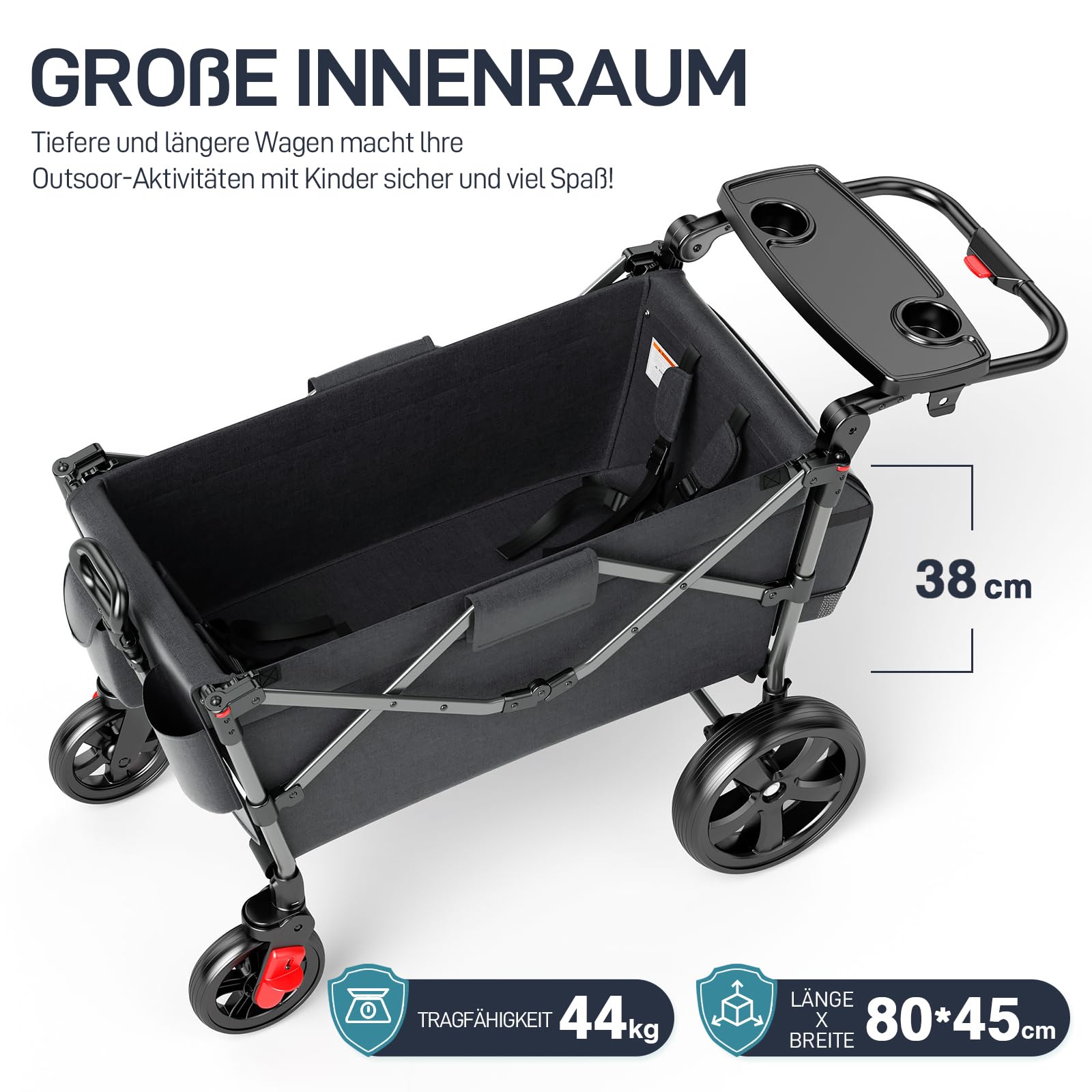 EVER ADVANCED Bollerwagen für 2 Kinder Faltbar mit Dach, Kinderwagen 2x5 Punkt Sicherheitsgurt mit Wickelrucksack, Bollerwagen mit Sitz, Handwagen Transportwagen, Ziehen & Schieben, Fußbremse