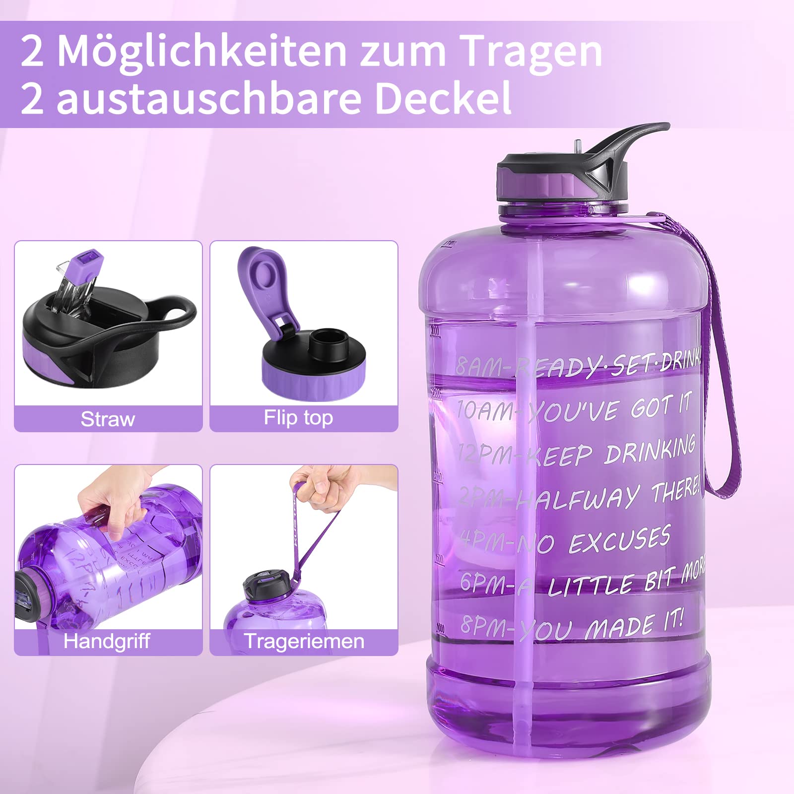 Borraccia Sportiva, Bottiglia d'Acqua da 3,78 l 2,2 l 1,3 l 128 Once 1 gallone, Borraccia in plastica Trasparente con Cannuccia, Grande Tazza da Vaso Fitness, Fitness Gratuito (Nero, 2,2 Litri