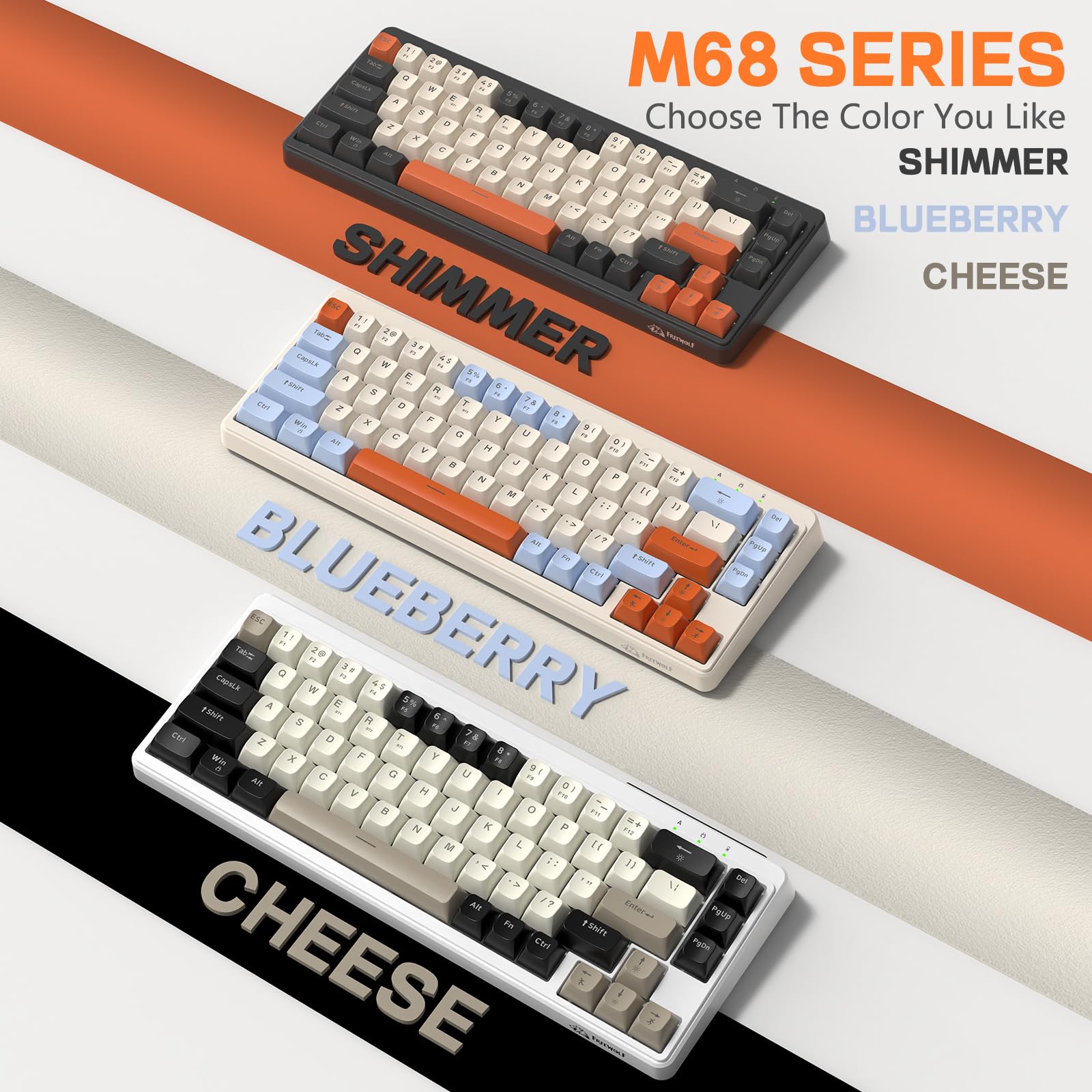 LexonElec X FREEWOLF M68 Tastiera Gaming Wireless 65%, QWERTY, BT/2.4G/Cablata, Tastiera a Membrana Silenziosa, Retroilluminazione Arcobaleno, 67 Tasti con Tasti in PBT, 2000mAh, Portatile - Grigia