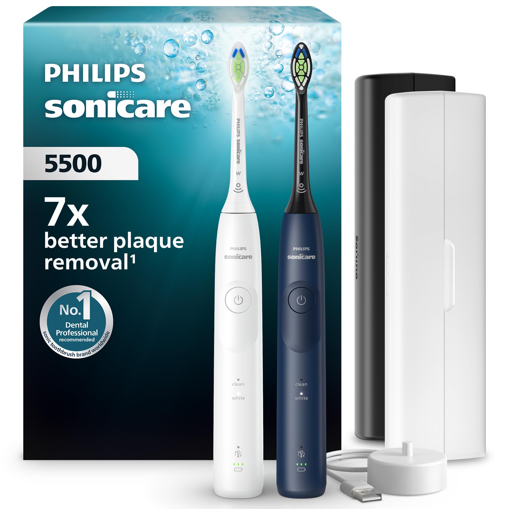 Sonicare 5500 Electric Toothbrush, Sonic Toothbrush with 2 Modes, Pressure Alert, EasyStart, SmarTimer and BrushPacer, White and Navy, 2 Pack, Model HX7119/01 [New Technology]