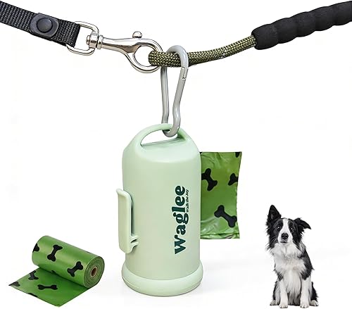 Waglee Mint Green Dog Poop Bag Dispenser for Leash – One-Hand Snap-Shut Cover, Quick Tear & Go, Secure Clip, Fits Standard Rolls, 15 Leak-Proof Bags Included