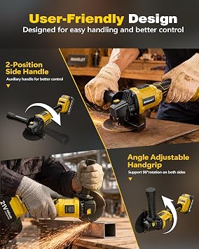 MAKELIFT Cordless Angle Grinder 4-1/2 Inch, Brushless Grinder Tool Kit, 2 x 21V 4.0Ah Batteries, 10000RPM Cordless Grinder, Cut Off Tool for Metal Cutting, Grinding, Polishing, Rust Removal (Yellow)