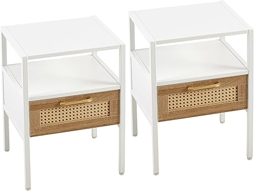 Miniatura 4 de Juego de 2 mesitas de noche de ratán, mesa auxiliar de ratán de 15.75 pulgadas con cajón, mesita de noche moderna, patas de metal, mesa auxiliar