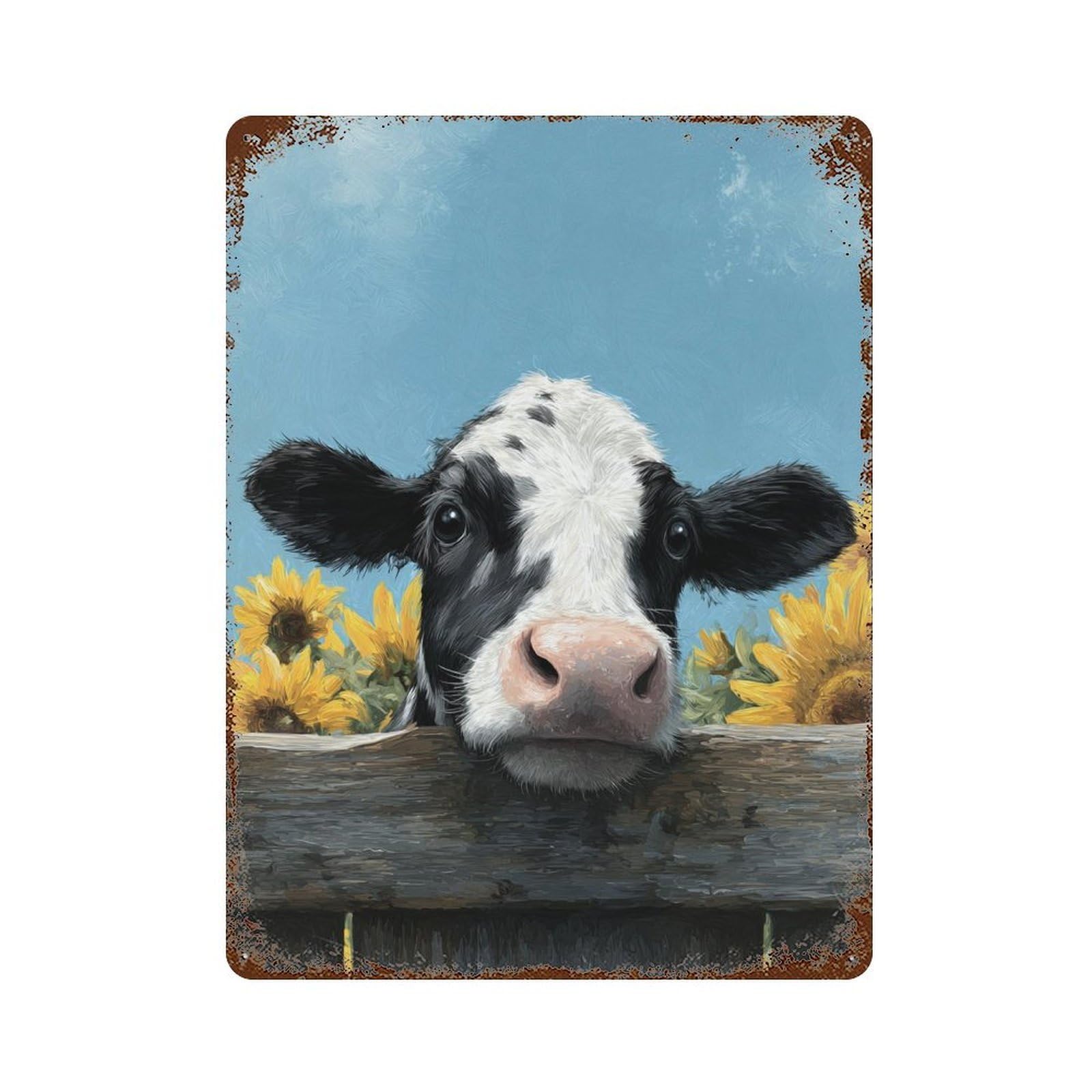 Cow Peeking Over Fence with Sunflowers Decorative Tin Sign 15.7"x11.8", Vintage Wall Decor for Garage, Pub Or Kitchen