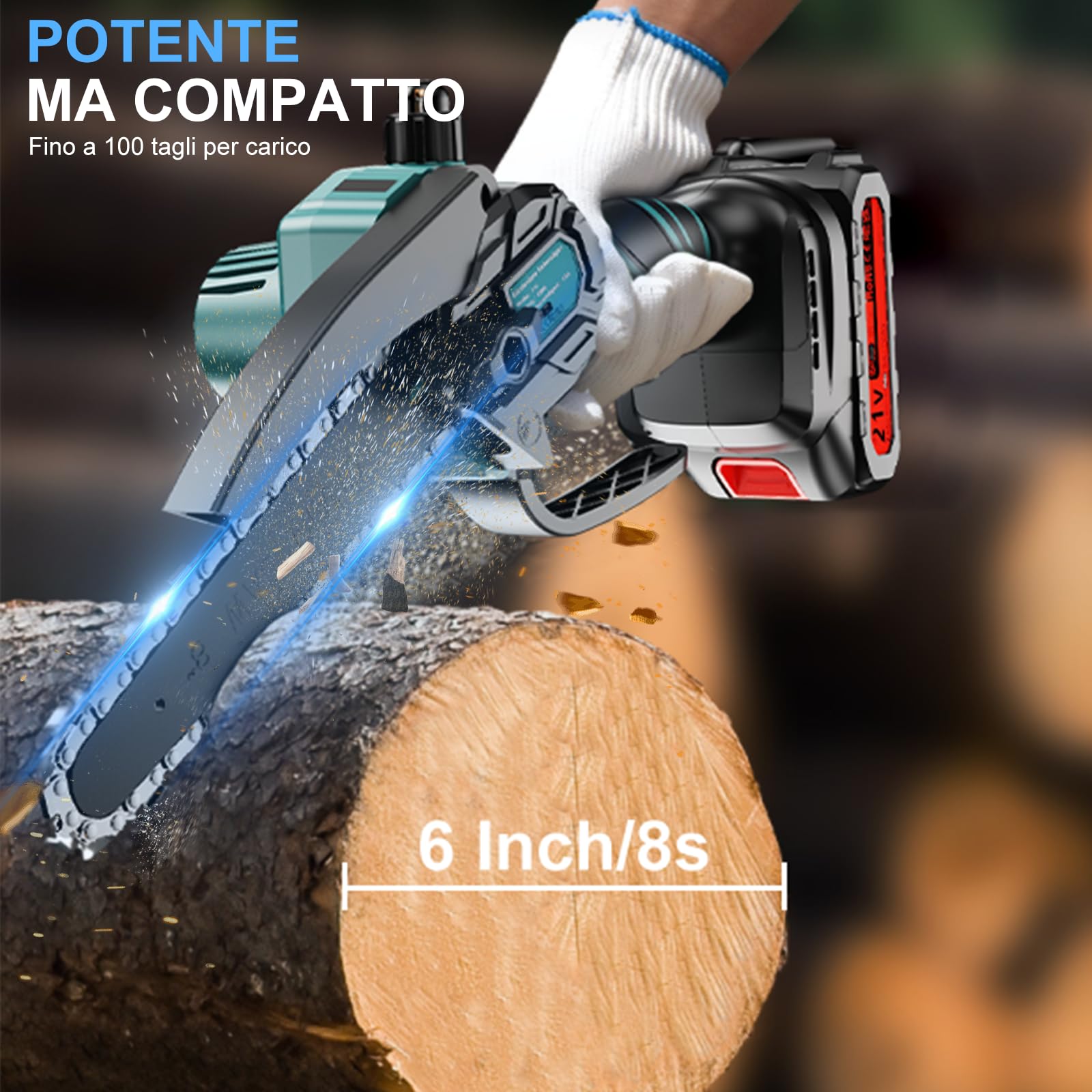 Mini Motosega a Batteria Con 2×2,0Ah Batterie 6 Pollici Motosega Elettrica | 550W, Pompetta Olio e Blocco di Sicurezza, 2 catene, Indicatore di carica, Caricatore Rapido, Istruzioni multilingue