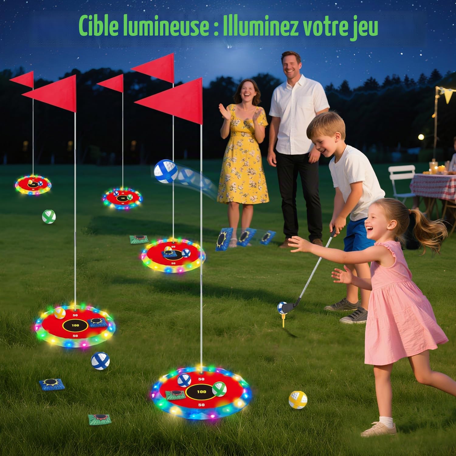 VATOS Golf lumineux 2 en 1 pour enfants – Jeu de golf et lancer de pouf avec 6 cibles LED, 2 clubs, 18 balles, jeu de golf de nuit pour intérieur et extérieur, fête, cour, cadeau de golfeur, jouets de