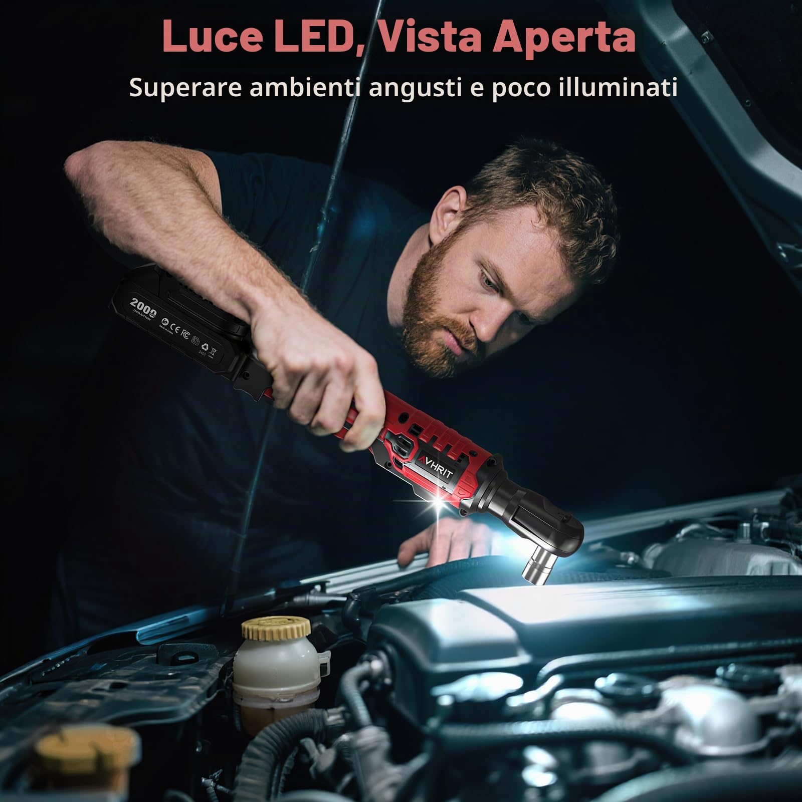 Chiave a cricchetto elettrica 3/8" Senza Fili: 120Nm (88 Ft-lbs) + 200 RPM, con 2 Batterie 2.0Ah, Luce LED e Set da 11 Boccole,Potente chiave elettrica per Auto e Riparazioni Domestiche