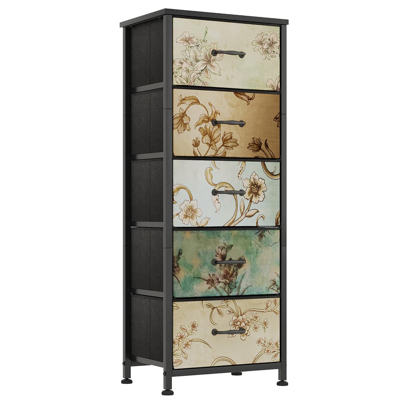 CAIYUN Chest of Drawers Bedroom with 5 Drawers, Tall Fabric Dressers with Flower Printing, Dresser for Entryway Hallway Living Room, Closet Storage Drawer, Bedside Table