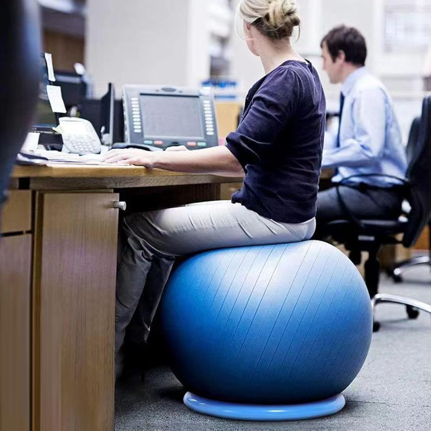 SRNSAEB Office Chair Balance Ball for Core, PVC Backless Yoga Ball Chair with Massage Pellets, Protection Spine/Physical Therapy Stability Ball Seat Holder Load 1 Ton(Blue,55cm (21 7/10in))