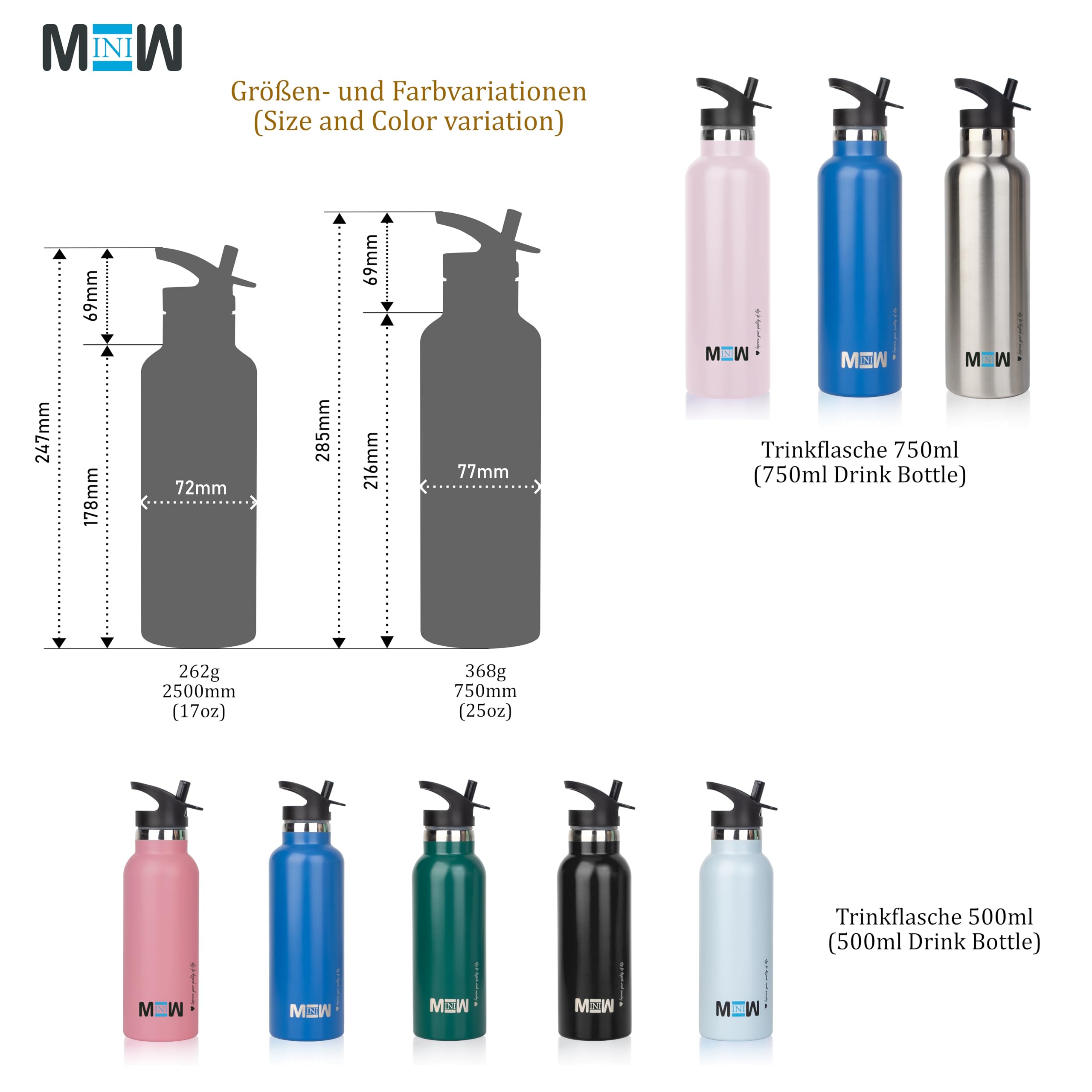 MINIW Stainless Steel Water Bottle, Blue, 500 ml - Image 3