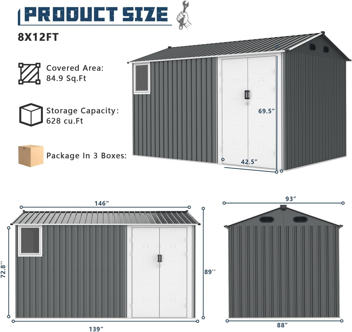 Diagram showing the dimensions of the 8x12 ft metal outdoor storage shed.