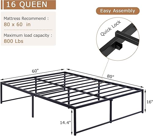 Miniatura 33 de VECELO Marco de cama de plataforma de metal de 14 pulgadas, base de colchón, no necesita somier, soporte de listones de acero (tamaño matrimonial)