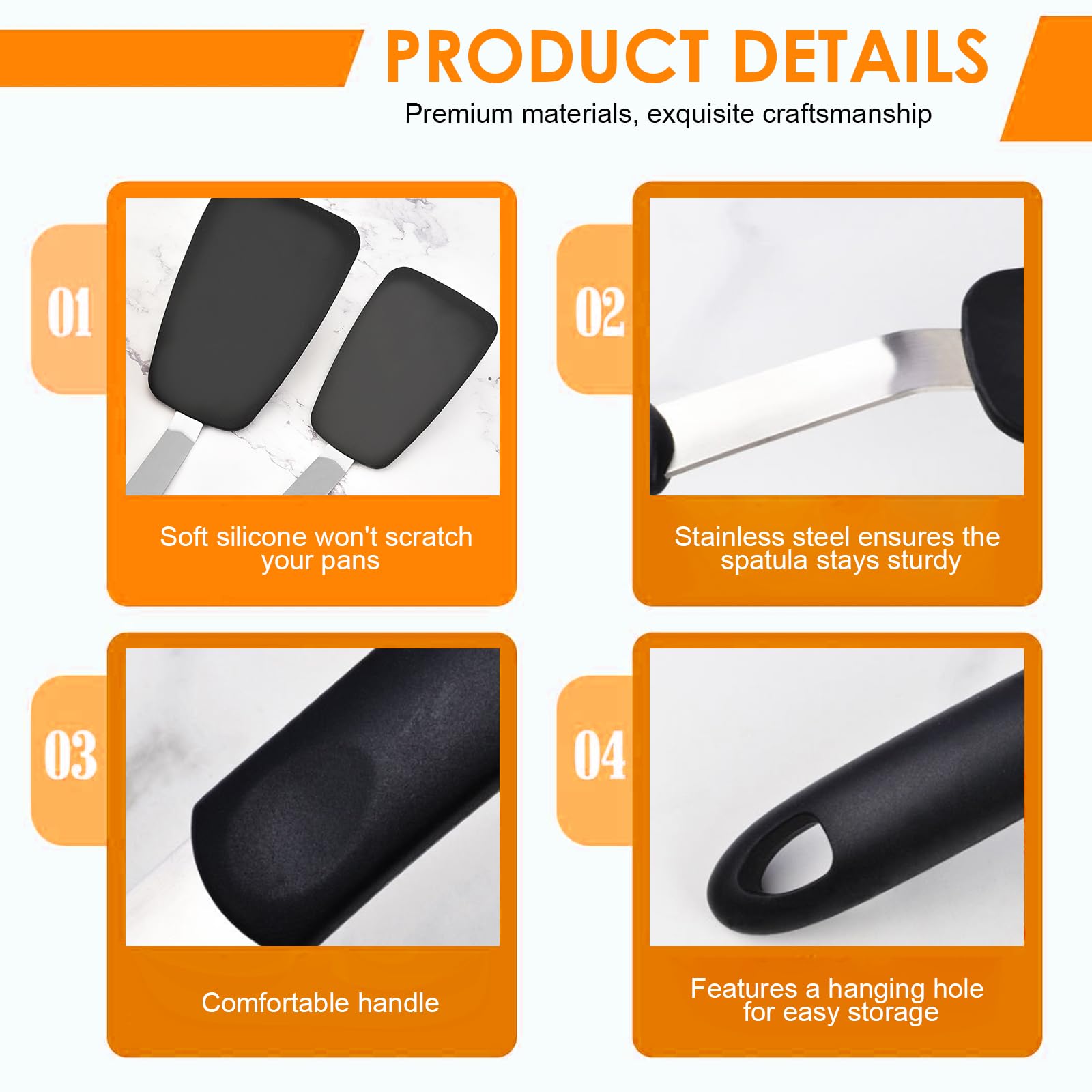 Spatola in Silicone per Cucina 2 Pezzi, Set di Palette da Cucina Flessibili con Anima in Acciaio per Padelle Antiaderenti, Resistente al Calore 230°C per Frittate, Bistecche, Pancake (Nero)