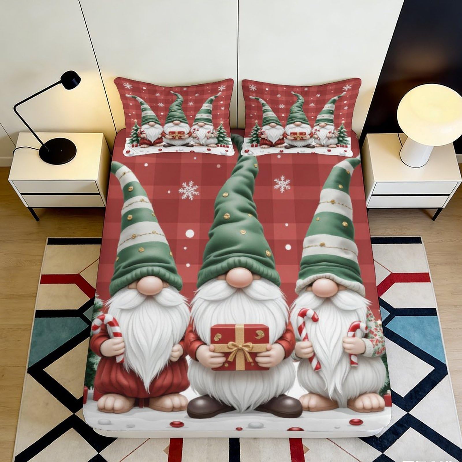 3D Printed Christmas Gnome Fitted Sheet Microfiber Soft Breathable Holiday Bed Cover with Snowflake Design for Bedroom Dormitory Guest Room 120x200x25cm