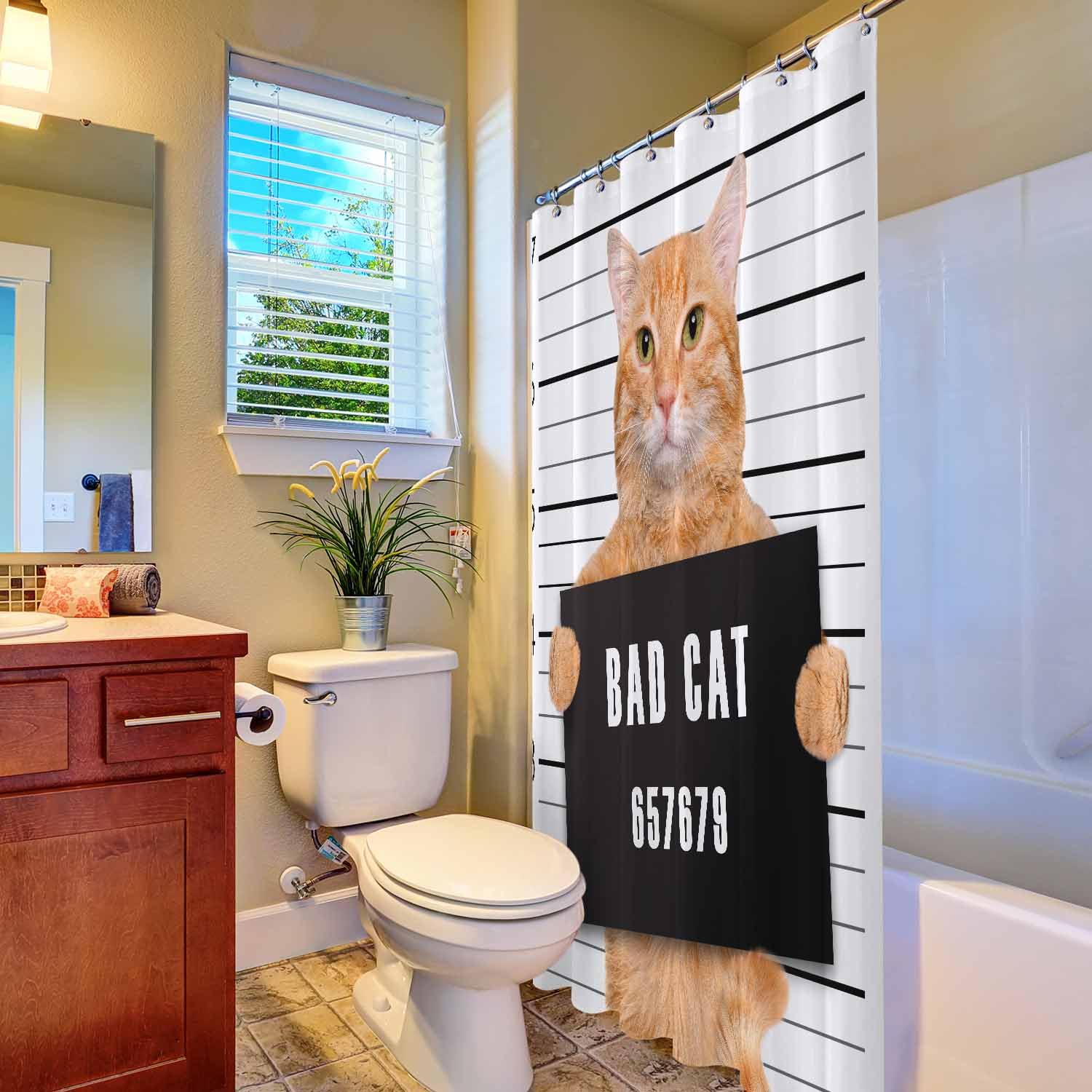 Woutay Shower Curtain Water Repellant Fabric Bad Cat,Mould Proof Resistant,Polyester,with 12 Plastic Hooks - Image 4