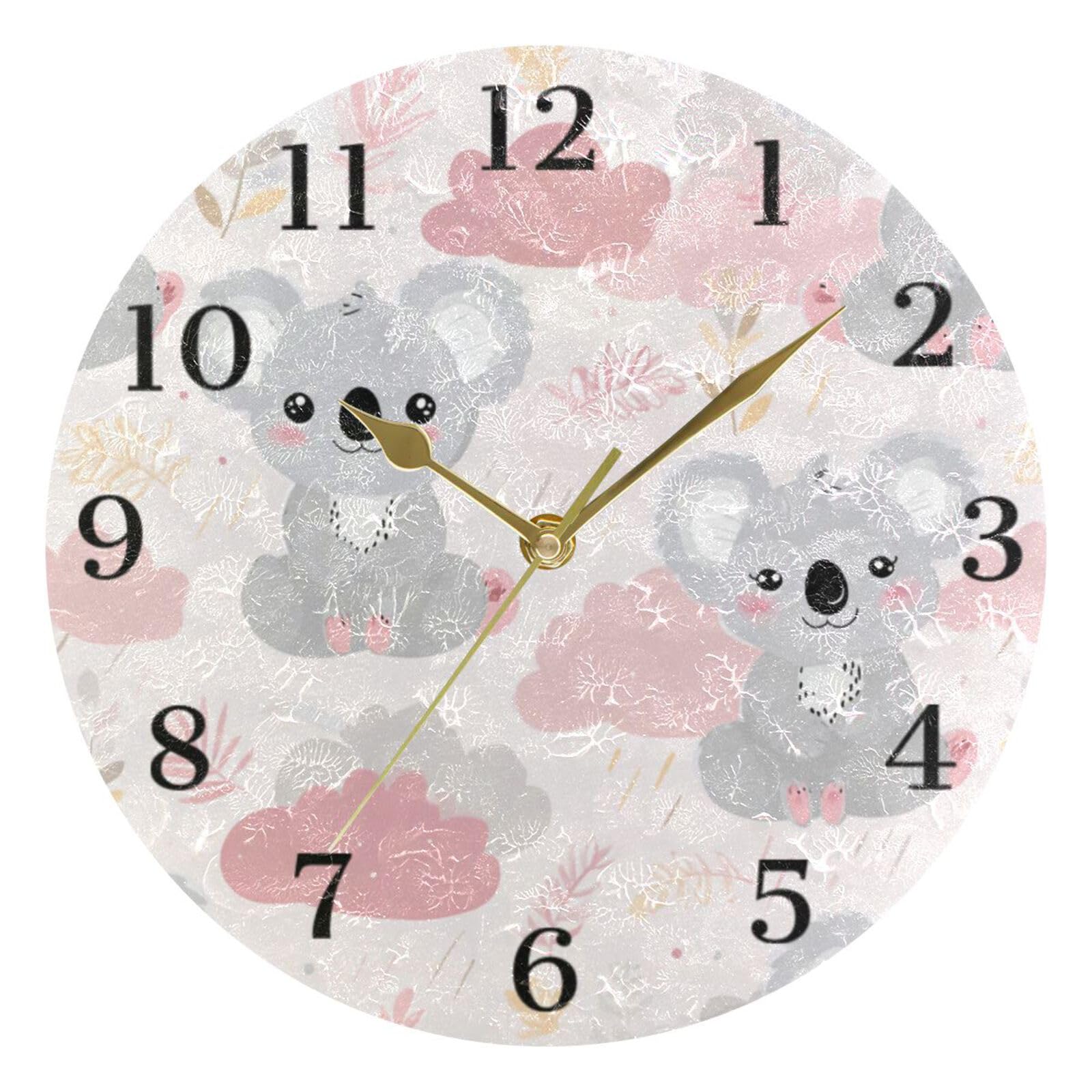 Ensound Gray Koala Wall Clock Silent Non-Ticking Battery Operated Clocks 12 Inch for Kitchen Home Living Room Gold