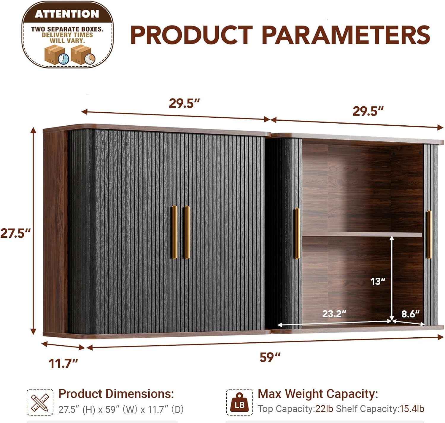 60" W Laundry Room Wall Cabinet with Fluted Sliding Door, Bathroom Medicine Cabinet with Adjustable Shelf, Wall Mounted Storage Cabinet for Living Room Kitchen, Black