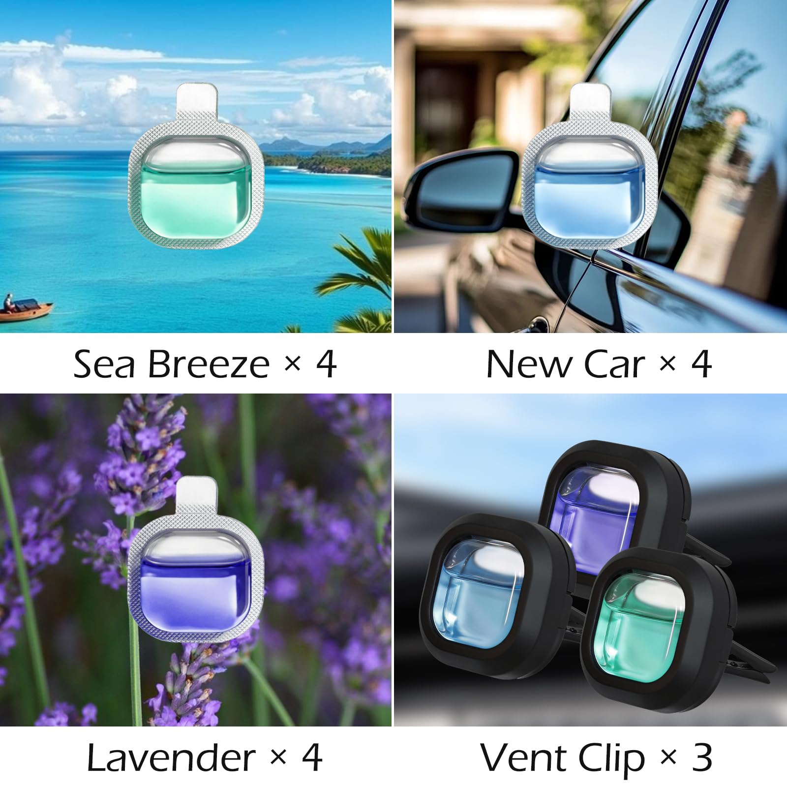 SCENTORINI Ambientador Coche, Perfume para Coche con 3 Clip y 12 Recargas, Fragancia de Brisas Marinas y Coche Nuevo y Lavandas Ambientador de Coche para Eliminar Olores Perfume Durante 30 Días