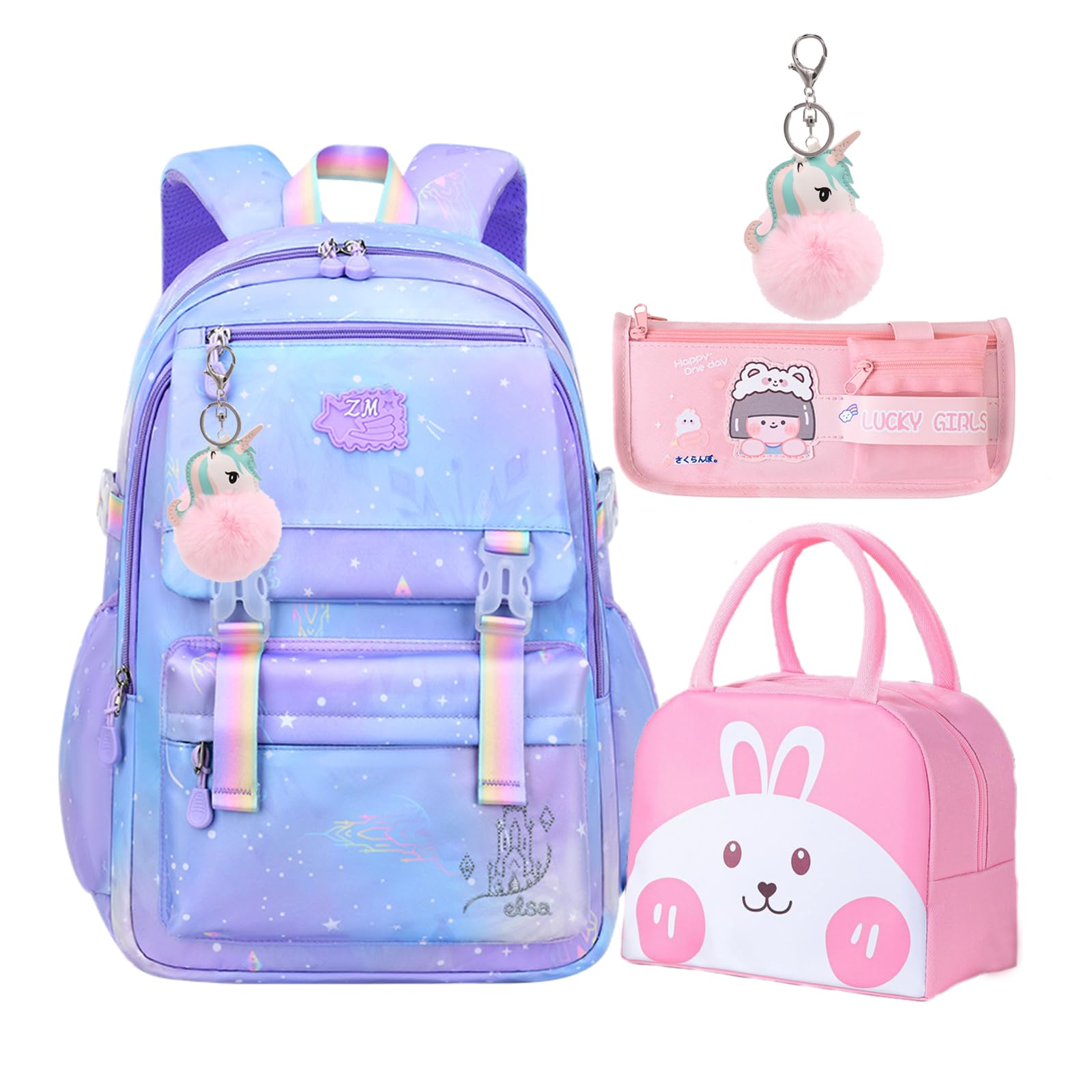 IHZZ Girls Backpack, Kid Starry Rainbow School Bag, Kawaii Backpack with Lunchbag & Pencilbox, Mochilas Escolares Para Niñas