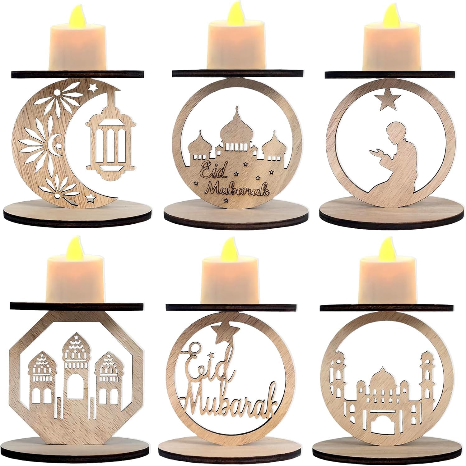 6 Pack Wooden Ramadan Candle Holders, Wooden Muslim Design Ramadan Eid, Decorative Lamp Moon Night Light, Indoor/Outdoor Muslim Islamic Party