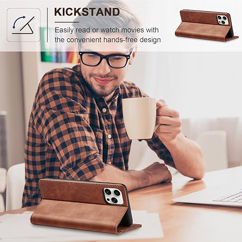 Miniatura 5 de Jasonyu Funda tipo cartera con tapa para iPhone 15 Pro, funda magnética de cuero con tarjetero, función atril, funda protectora duradera de TPU a