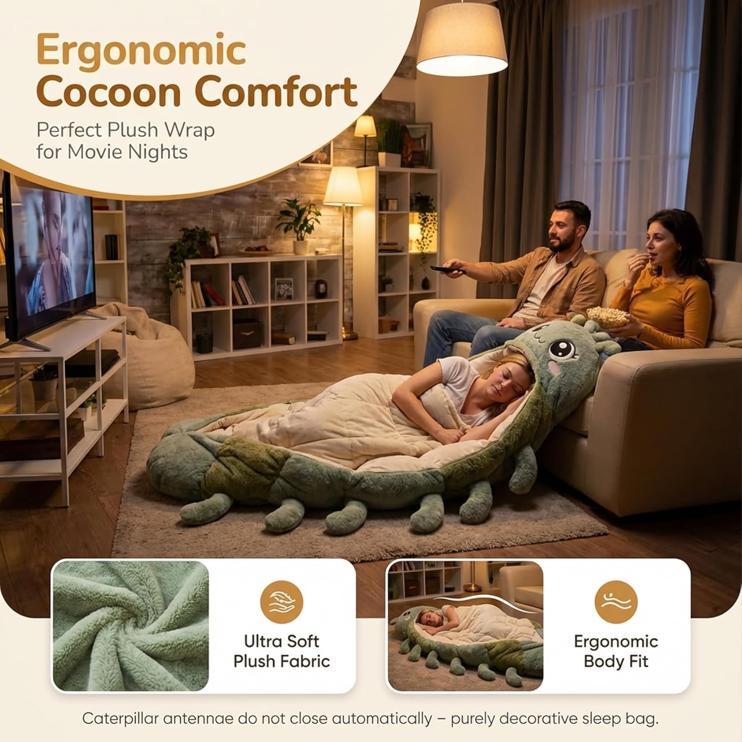 Hugging Caterpillar Sleeping Bags, Plush Cocoon Sleeping Bag with Pull Cord, Cozy Indoor Nap Pod, Full Body Fluffy Lounger, Thick Quilted Interiorfor Reading Relaxing Home Dorm Travel