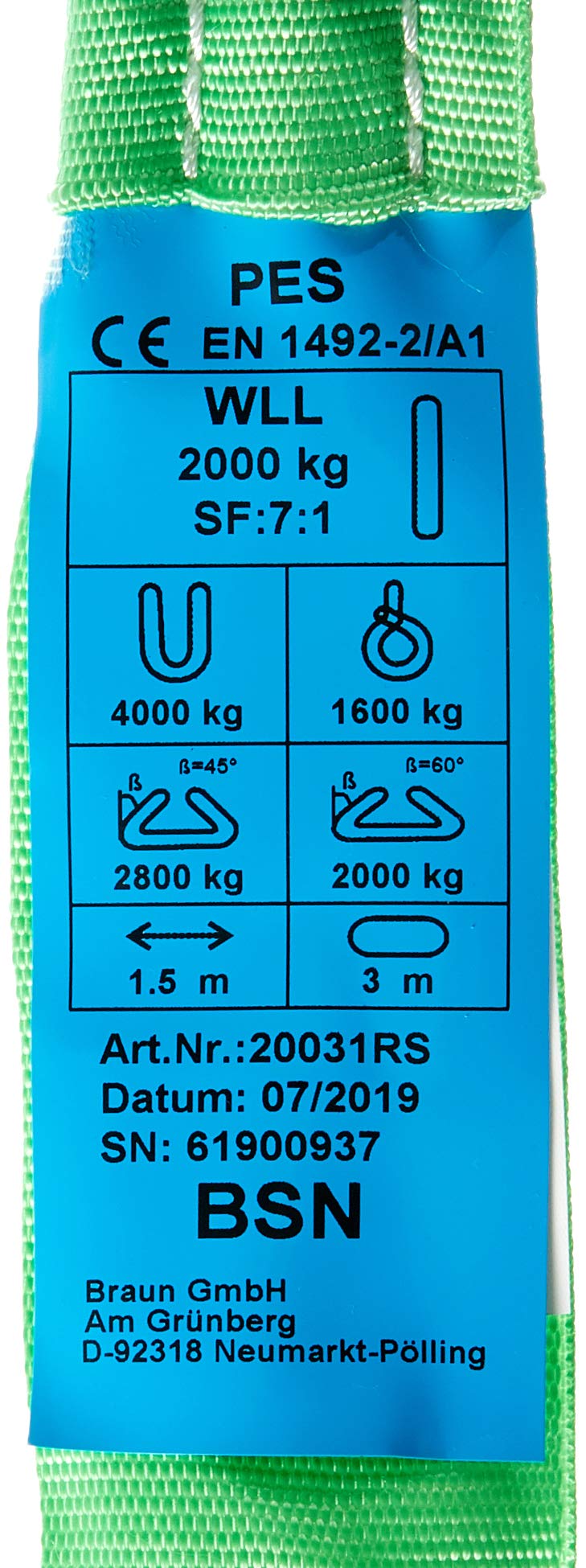 Braun 20011RS Câble De Traction Gaine Polyester Vert 2000 Kg / 1 M - Résistant Et Fiable
