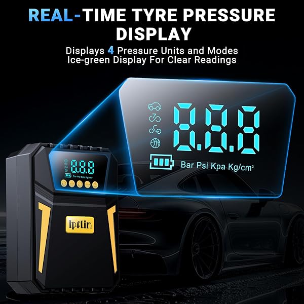 Ipflin Tyre Inflator Air Compressor - Digital Car Tyre Pump 12V DC,Portable Car Accessories for Men,Electric Air Pump 150 PSI For Car Tyres,Bikes,Football,Preset Tyre Pressure & Auto Shutoff - 2