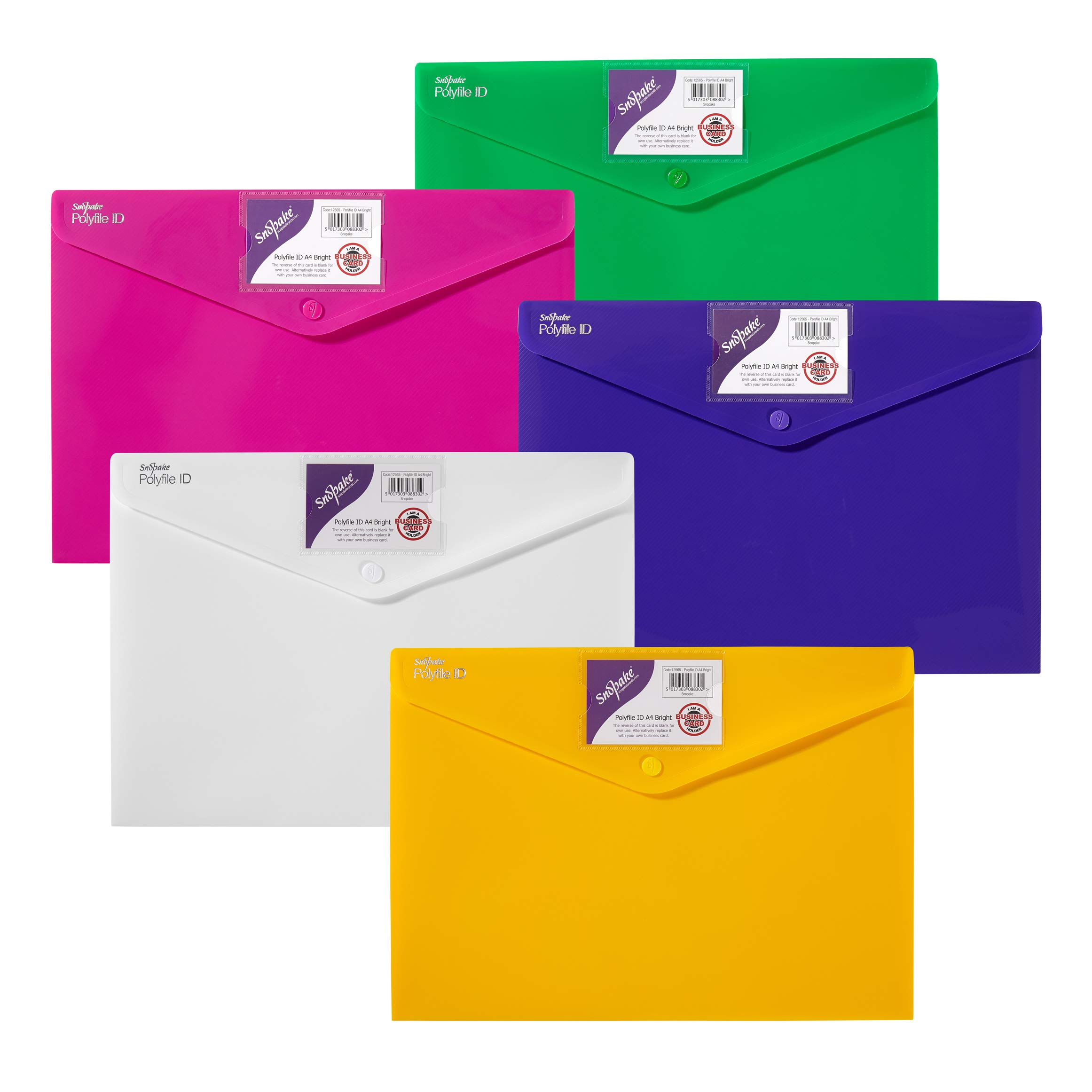 Snopake A4 Polyfile ID Popper Wallet with Press Stud Closure – Bright Assorted [Pack of 5] Ref: 12565