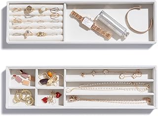 لولايت مجموعة من 2 صينية خواتم مخملية رفيعة للمجوهرات التقاط جميع صواني المدخل تنظيم مجوهرات قابلة للتكديس لدرج خزانة الملابس وعرض العرض مناسبة لعيد الام - بيج