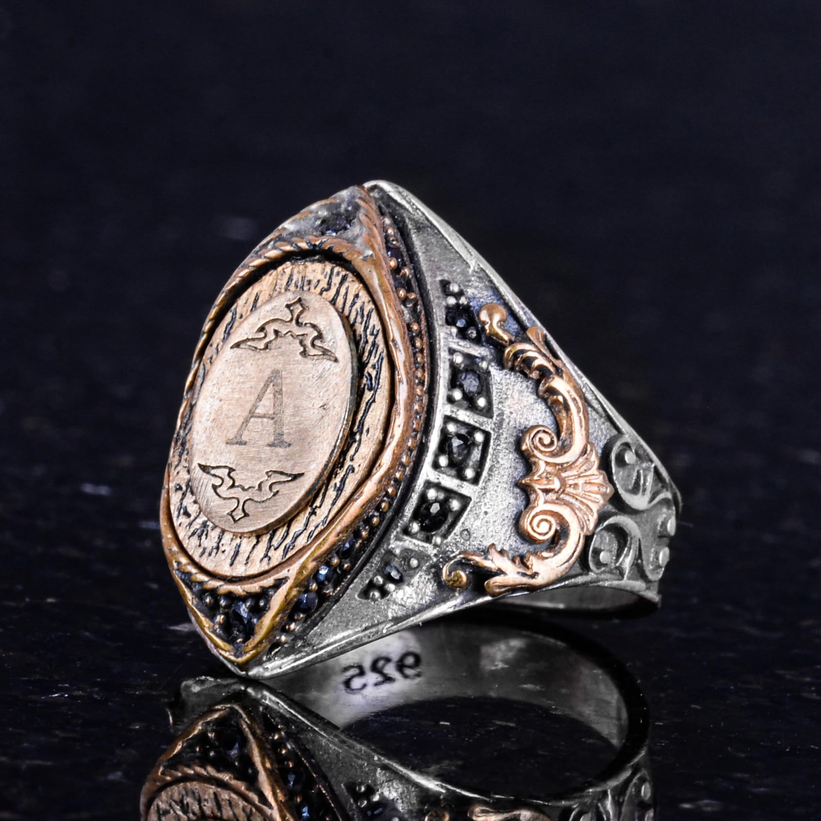 KAMBO Bague personnalisée en argent sterling 925 pour homme – Chevalière personnalisable avec monogramme plaqué bronze, argent, onyx, Onyx