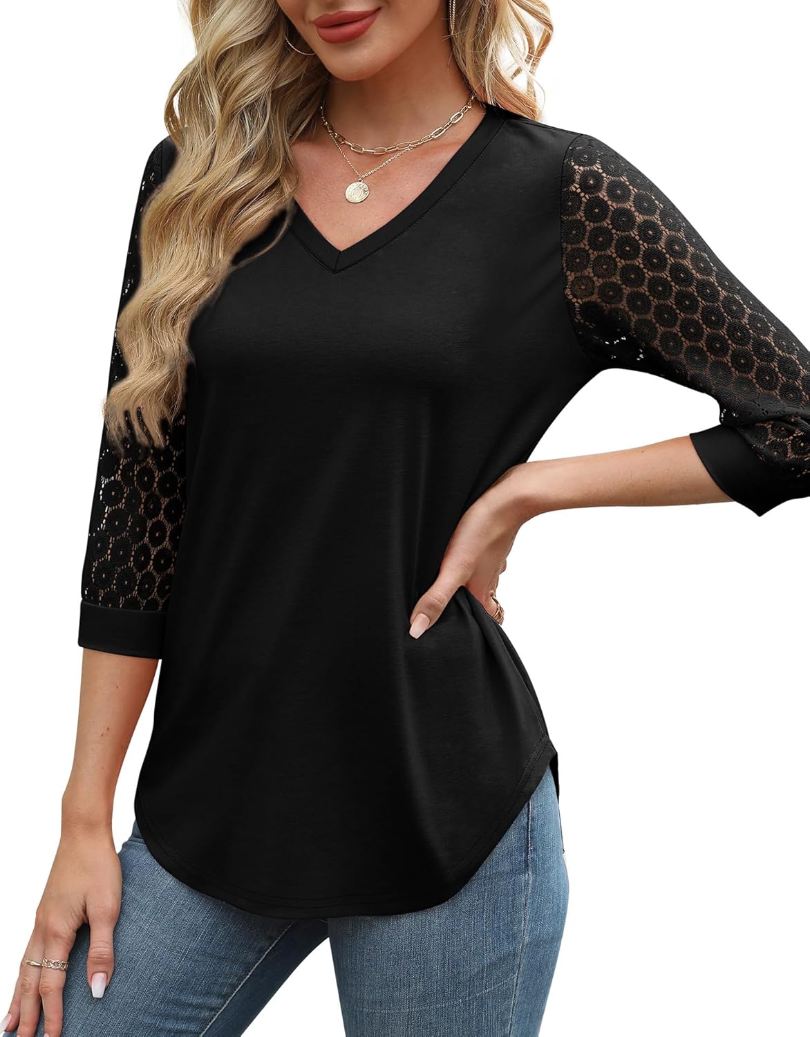 XIEERDUO 3/4 Length Sleeve Womens Tops V-Neck Lace Tunic Tops Business Casual Outfits Work Blouses Dressy 2026 - Image 2